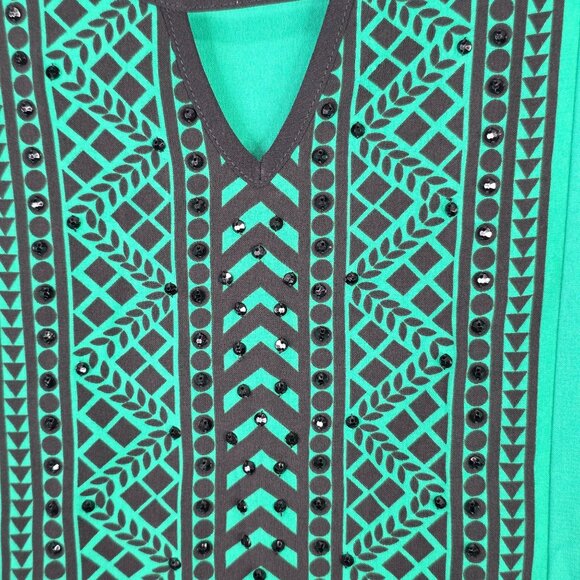 Womens Catherines Green Tunic Top Black Embellished Panel & 3/4 Sleeves Size 5X - Picture 2 of 8